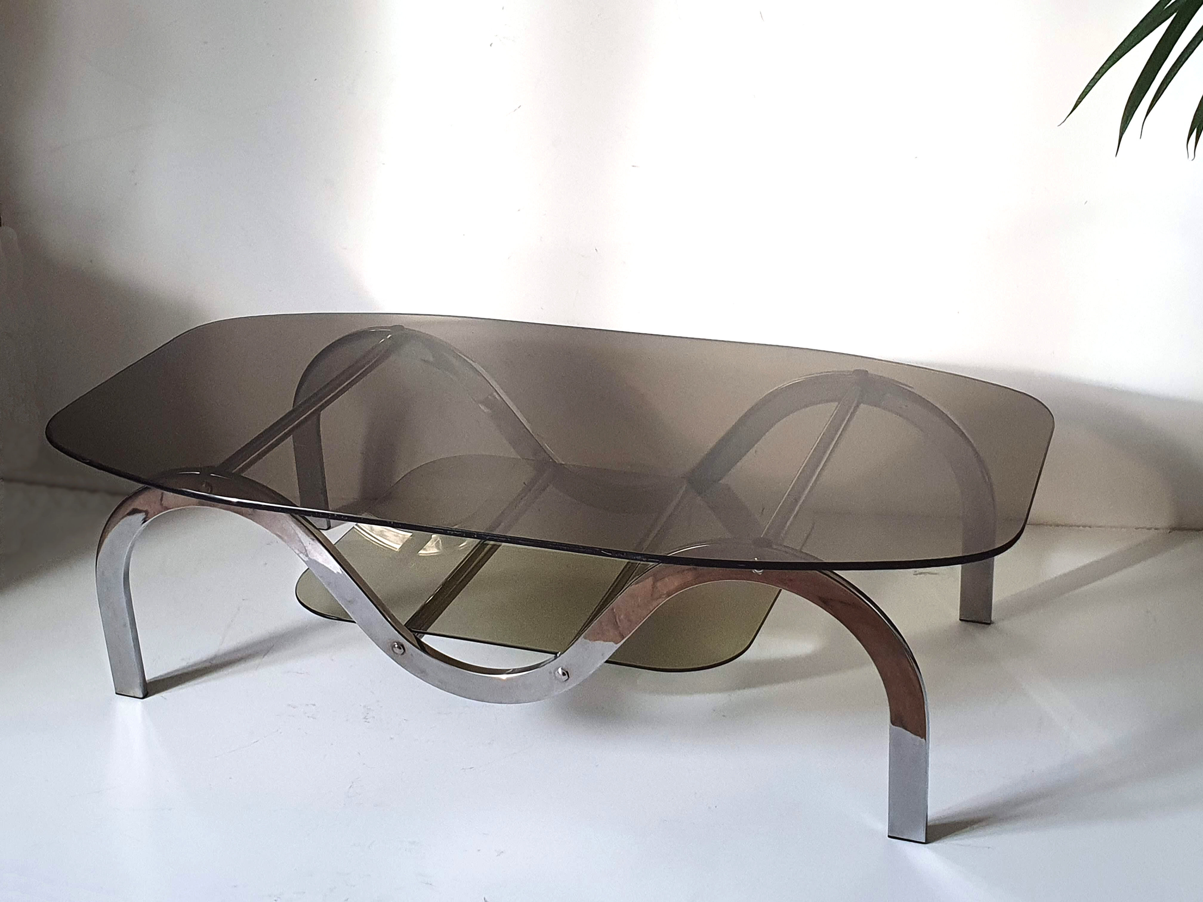 Coffee table chrome metal and smoked glass 70s