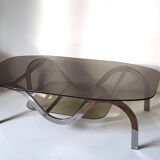 Coffee table chrome metal and smoked glass 70s