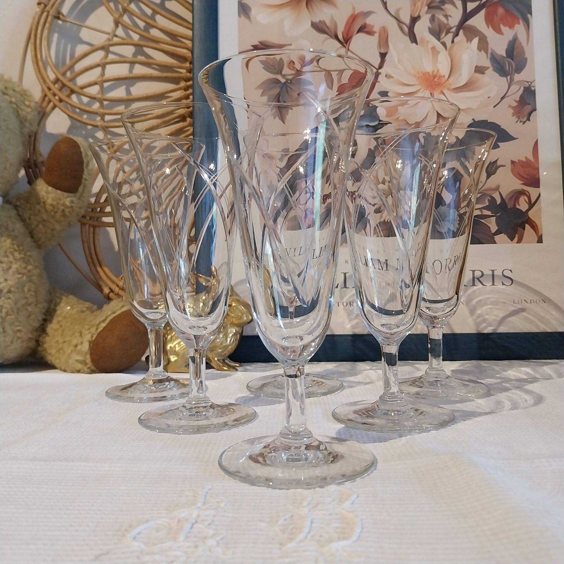 Old engraved crystal champagne flutes