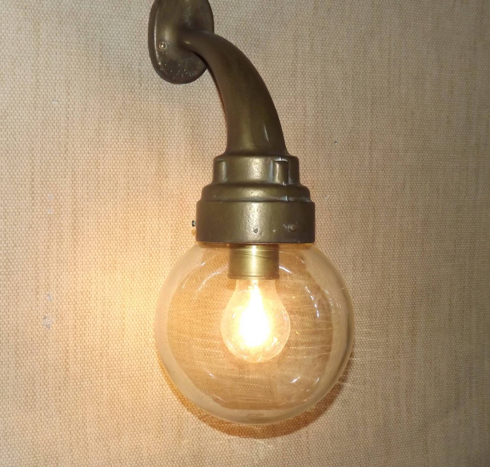 Old French Heavy Cast Bronze Marine Nautical Wall Light Glass Ball Shade 5101