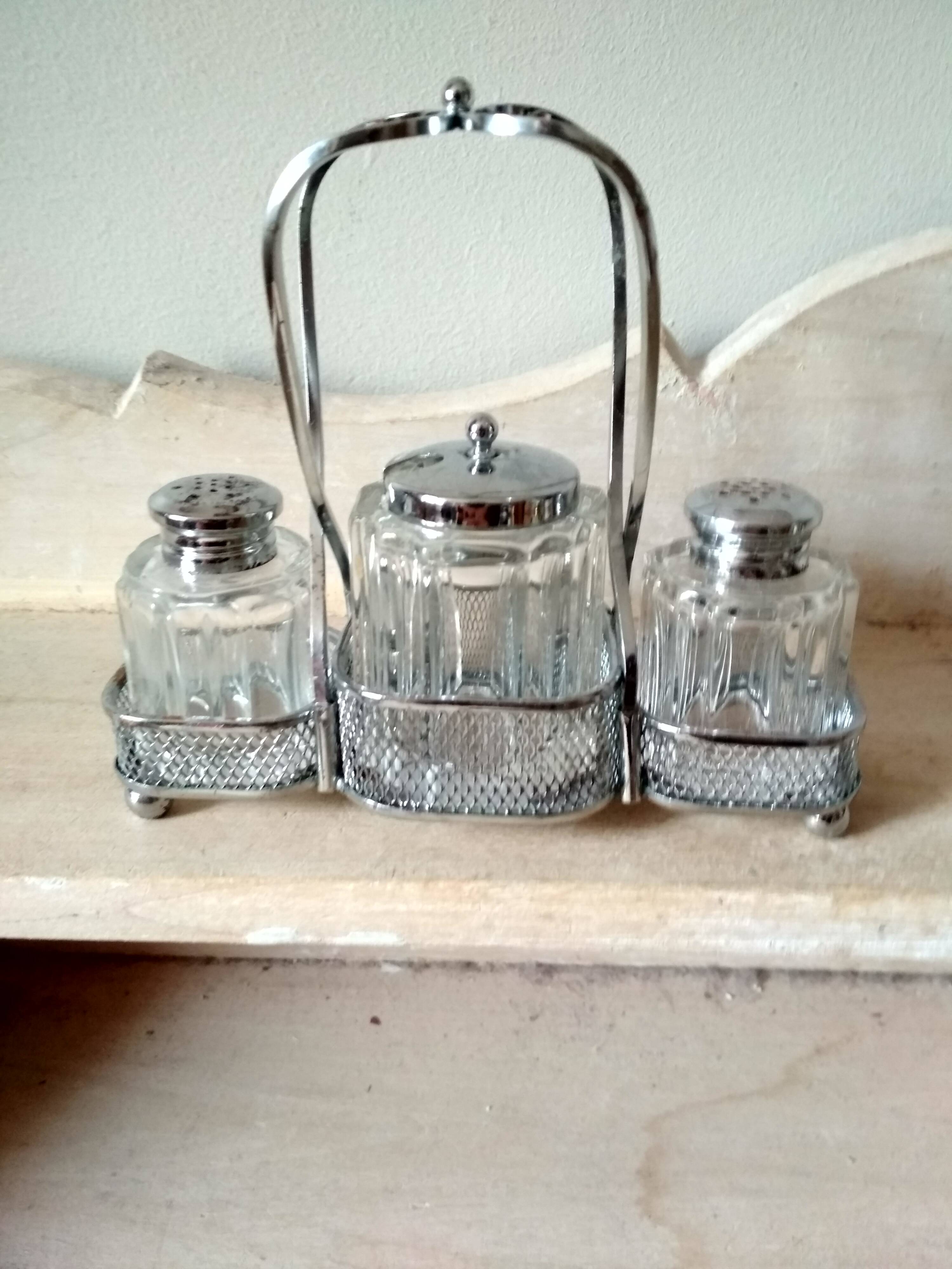 Set of 2 small salt pots and mustard pot in molded glass on their metal servant