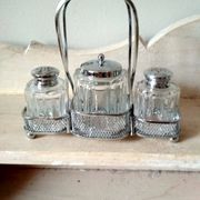 Set of 2 small salt pots and mustard pot in molded glass on their metal servant