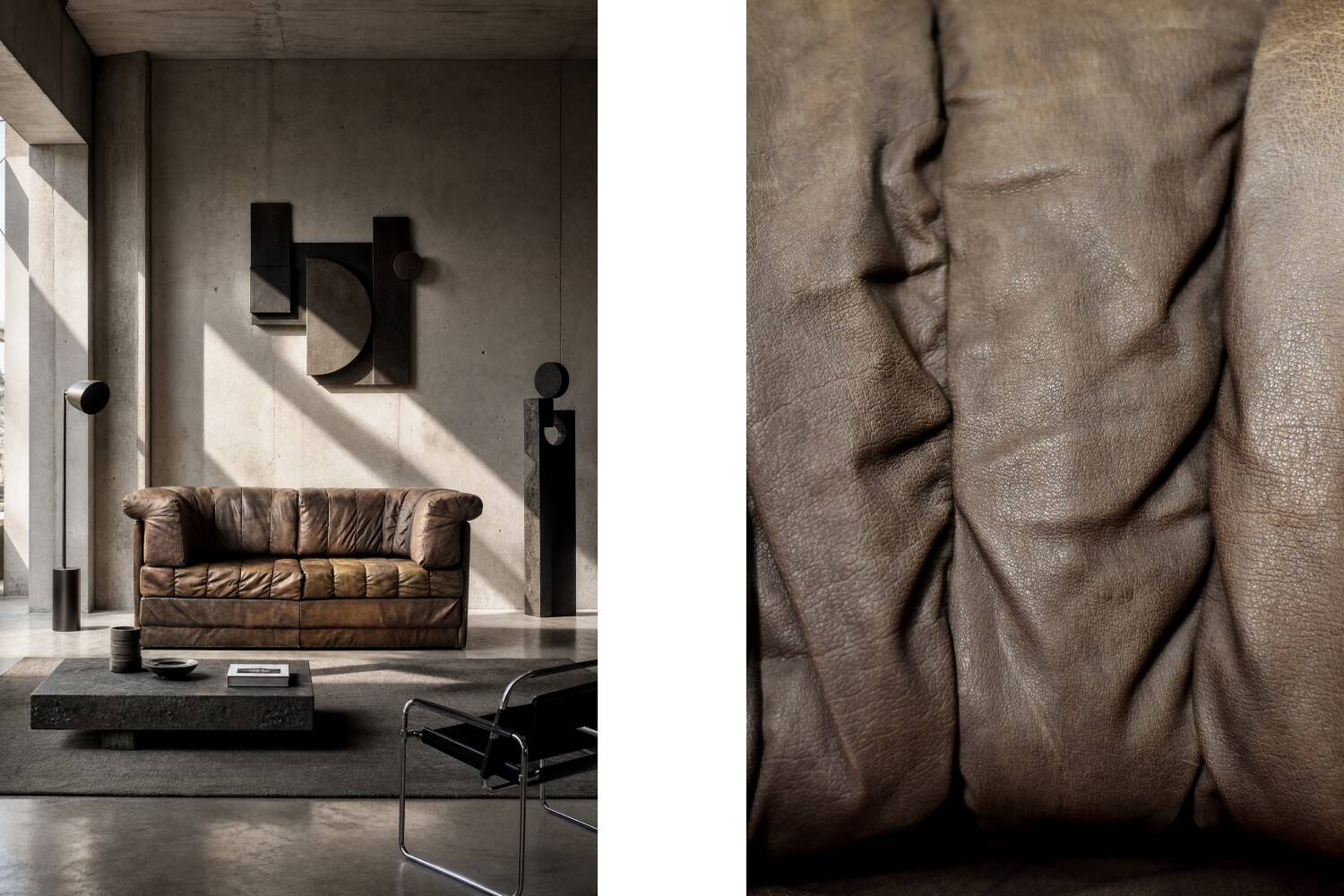Vintage Mid-Century Modern German Brutalist Brown Leather 2-Seater Sofa
