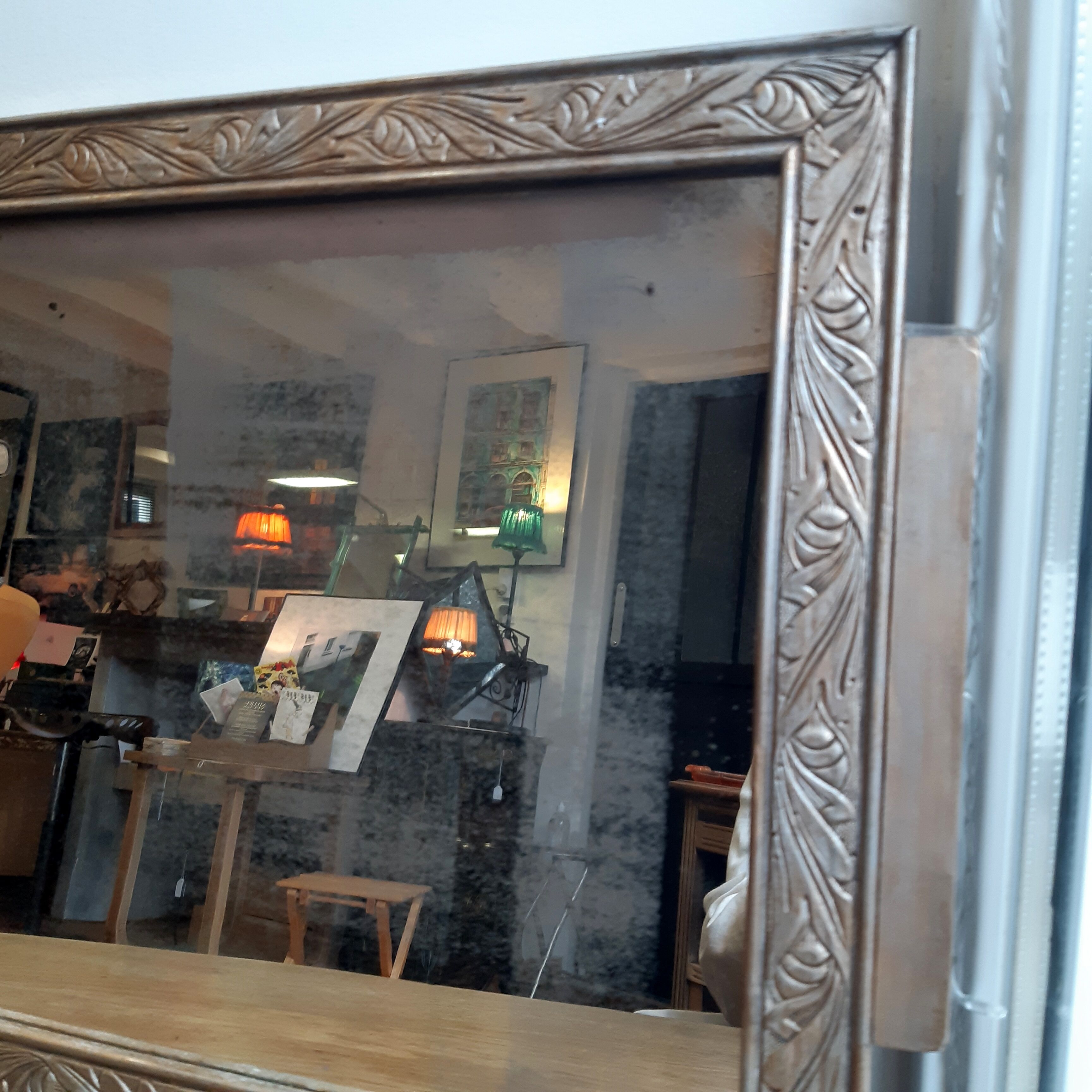 Mirror, wood and plaster, art deco, pale gold and silver patina, rectangular