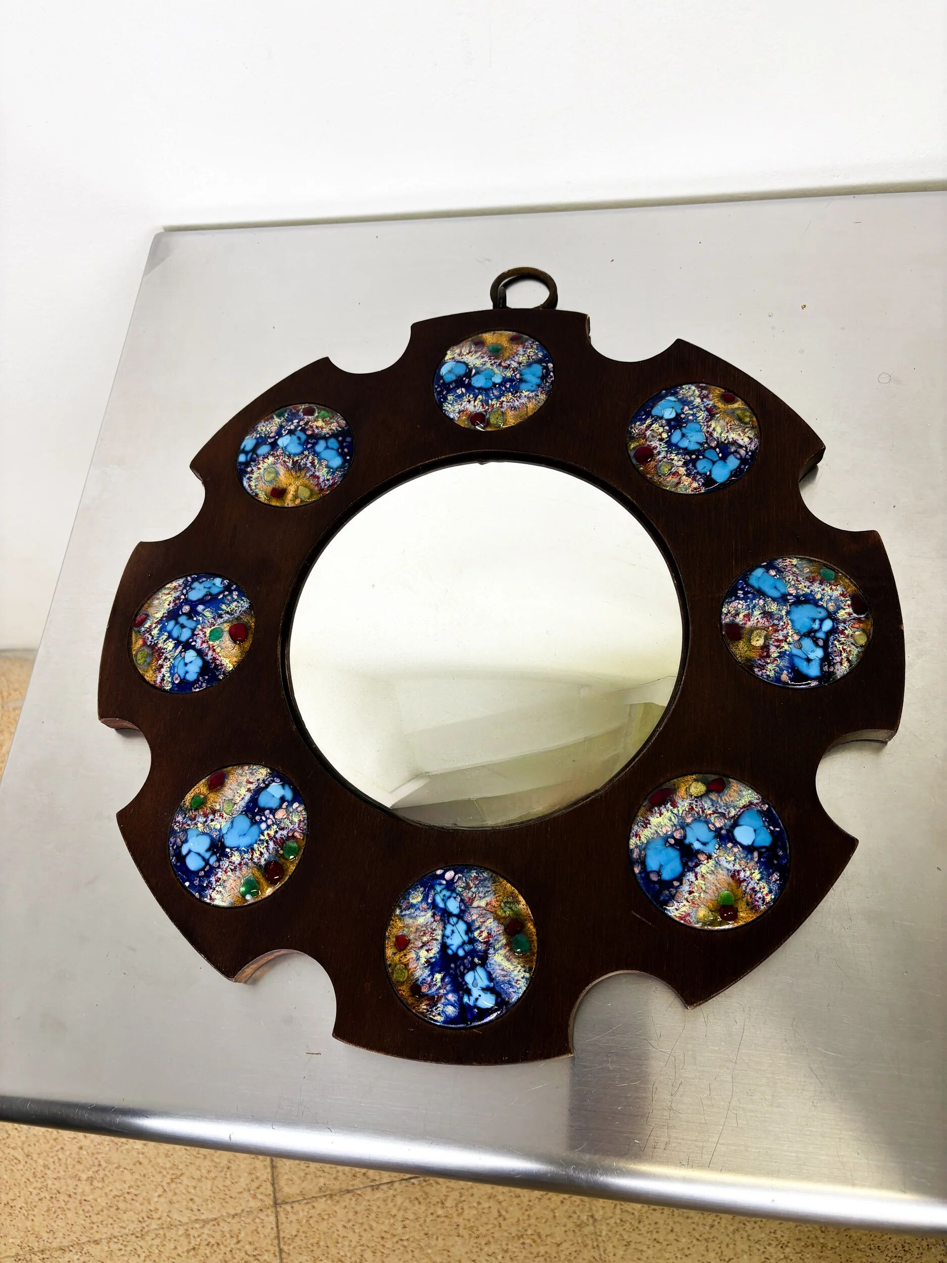 Modernist wood and enamel mirror by J. Capo Esmaltes, Spain, 1970s