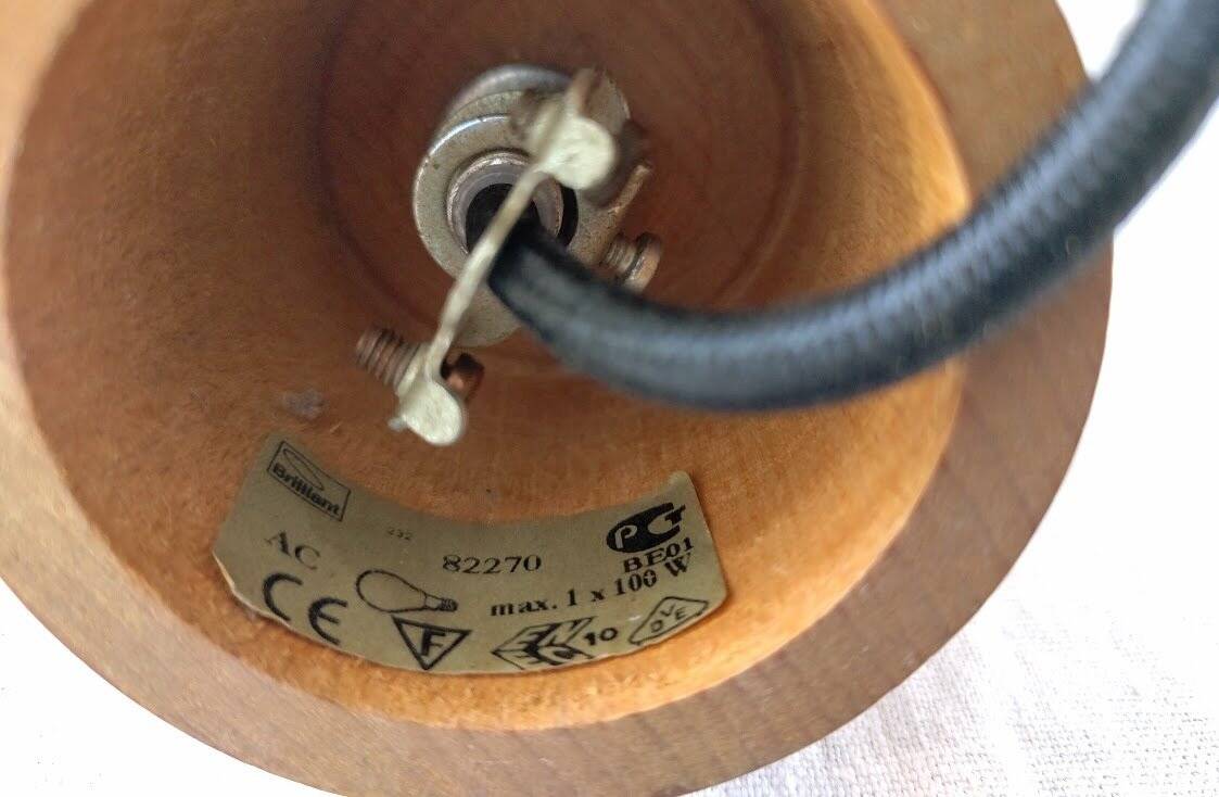 Suspension cylindrique en opaline zébré verre et teck vernis