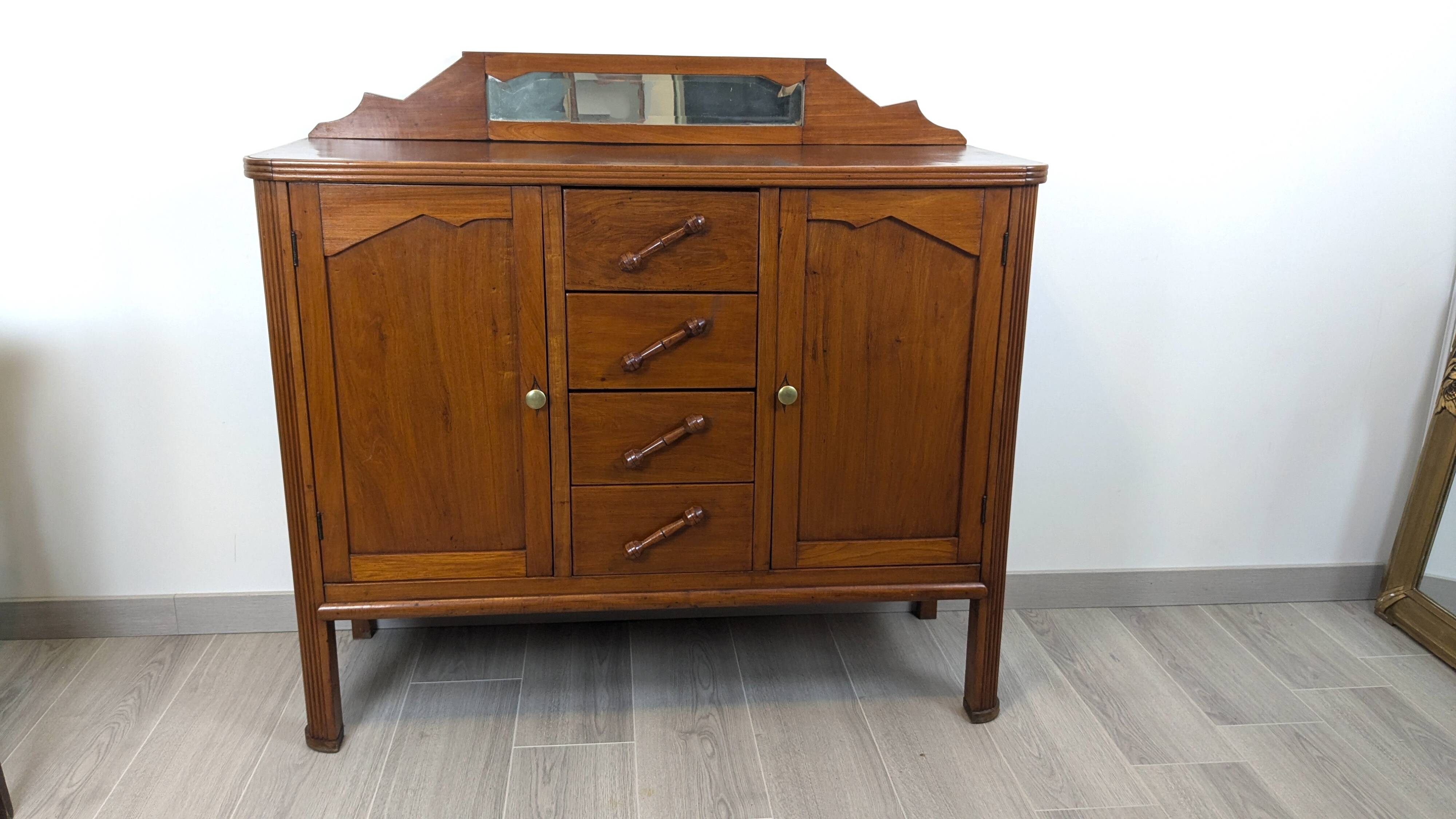 Art Deco mahogany sideboard – 4 drawers, 2 doors, beveled mirror, 1930s