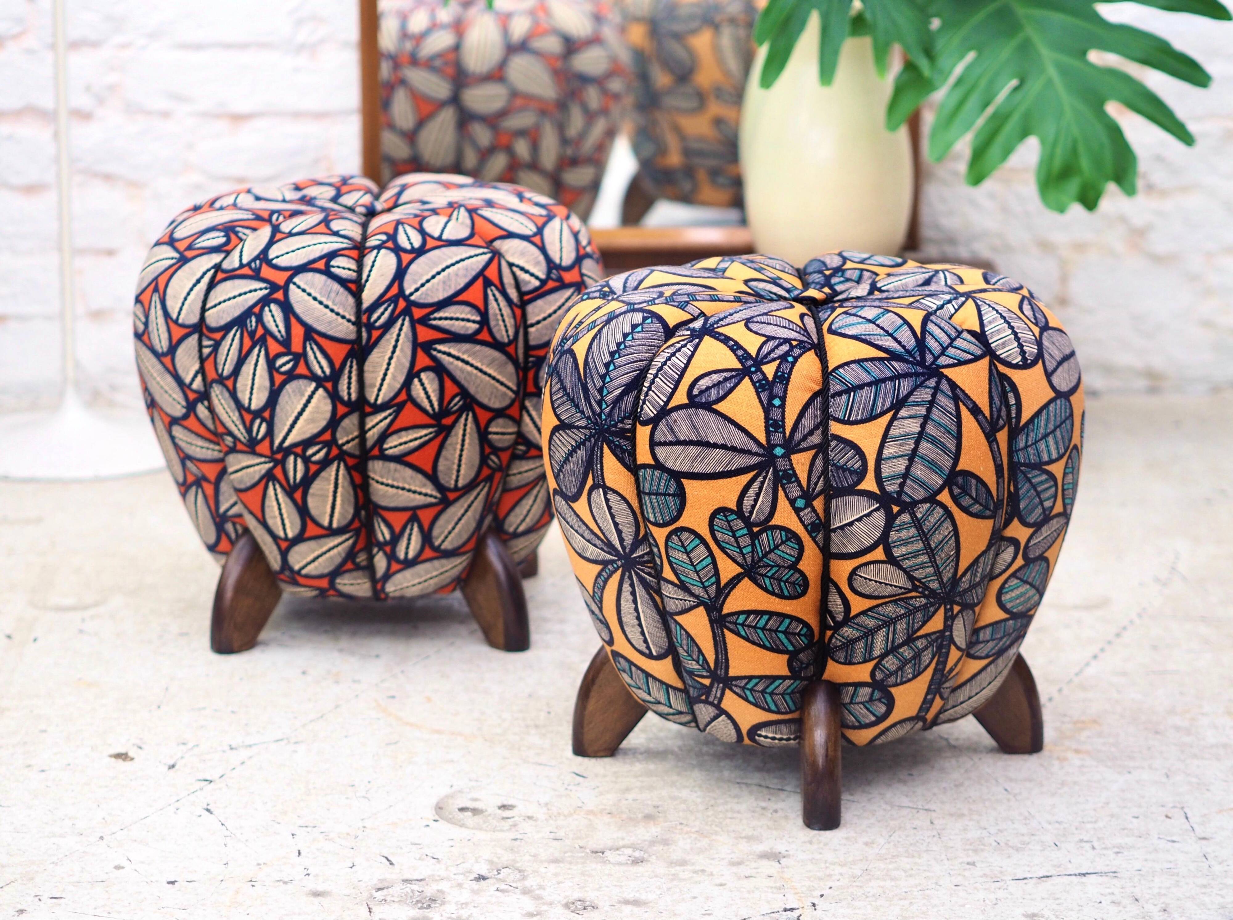up to 3 Art Deco stools by Jindrich Halabala, leaf pattern, pouf, ottoman, 1930s