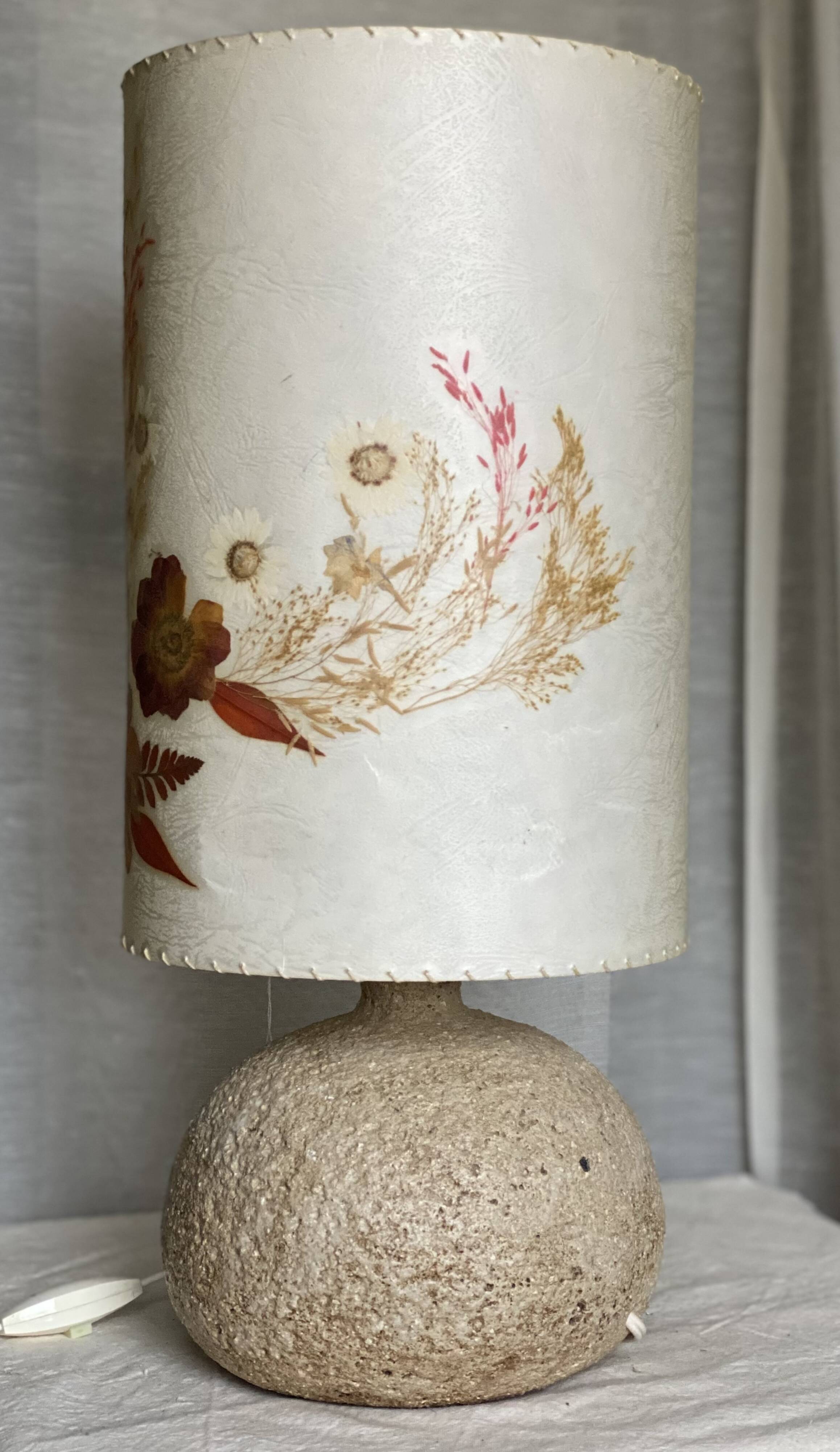 Large vintage 1960-70 chamotte ceramic ball lamp, dried flower lampshade