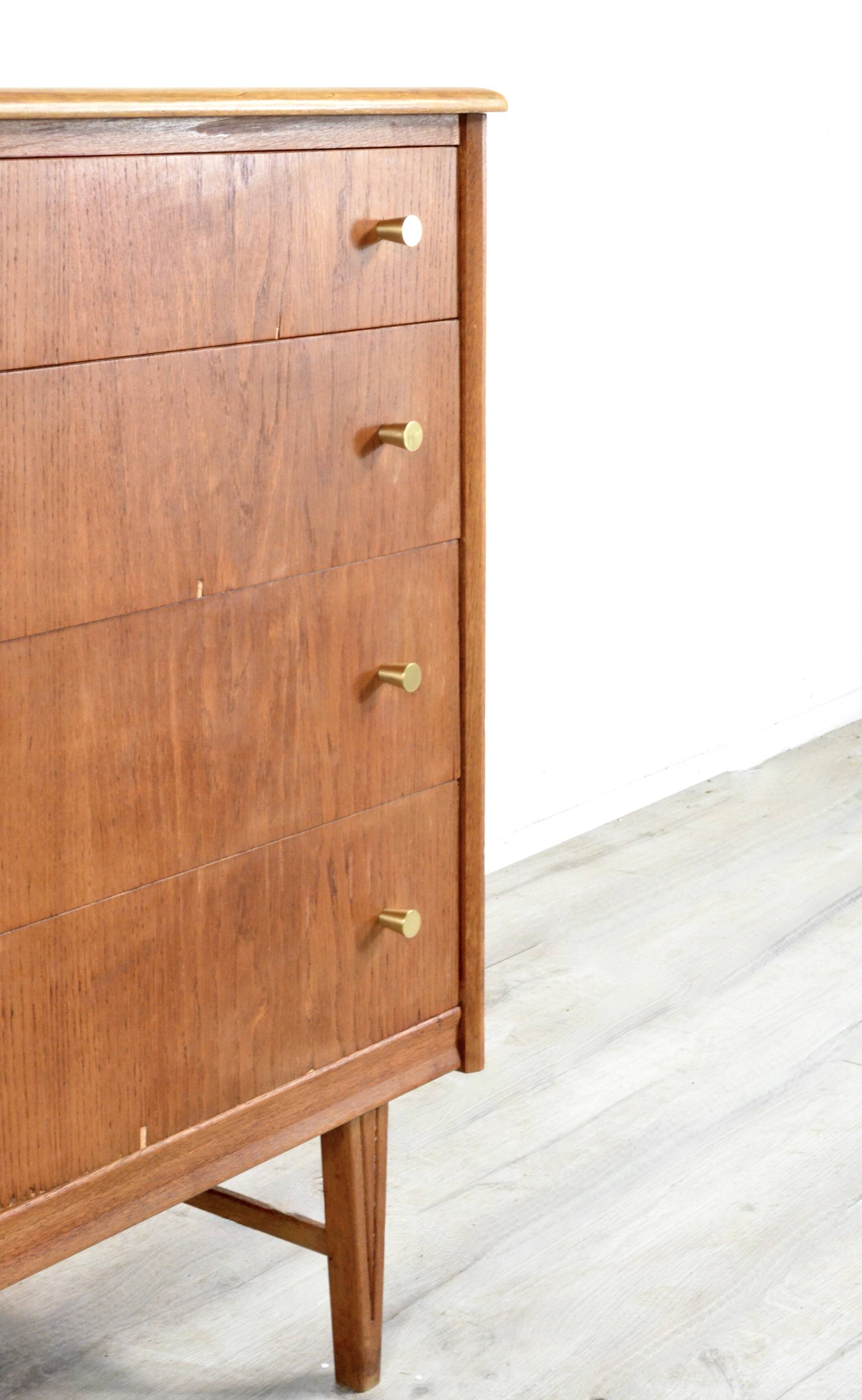 Midcentury Teak And Brass Chest Of Drawers Tallboy. Vintage Modern Retro