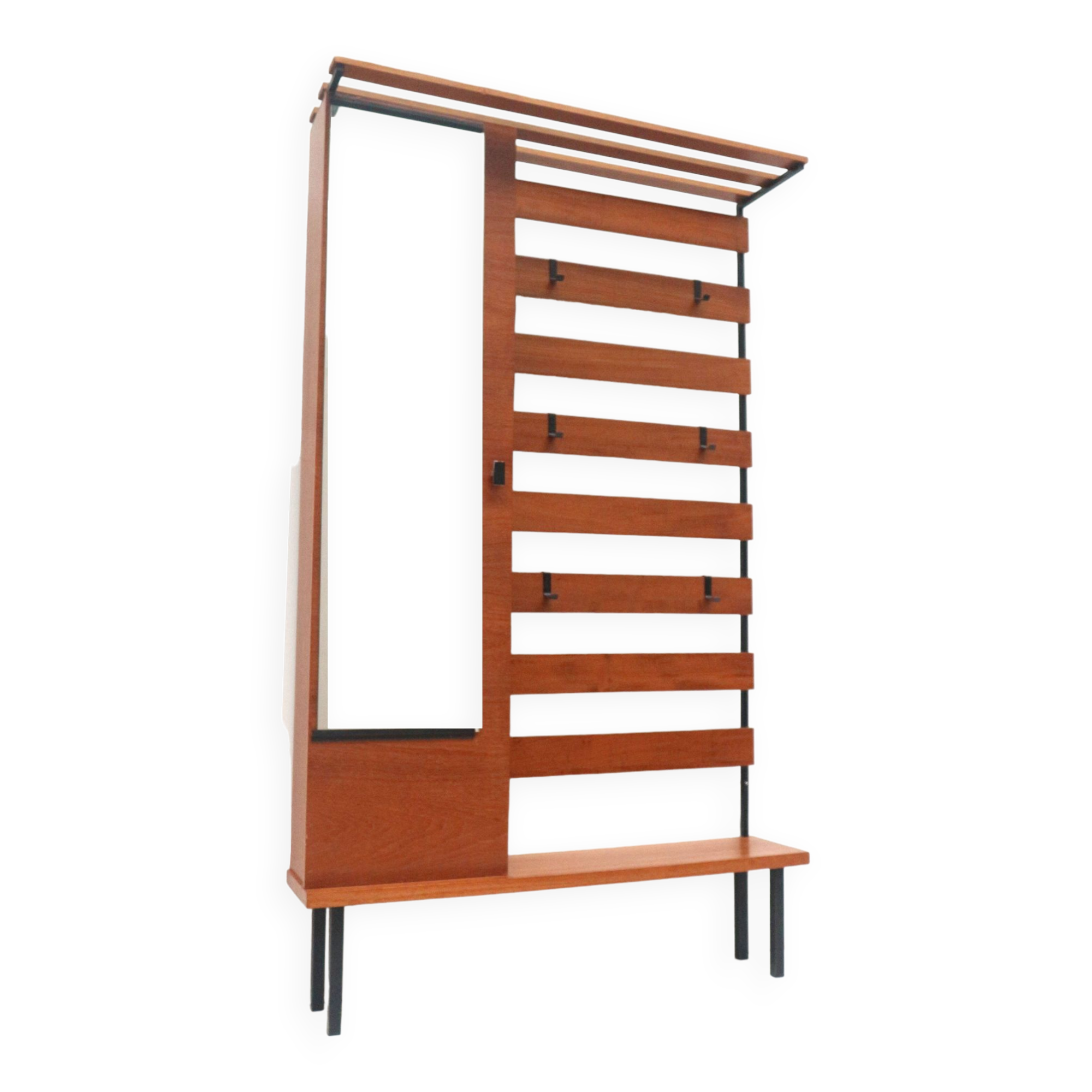 Large standing vintage coat rack with mirror and shoe cabinet made in the 1960s