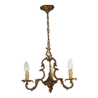 French Art Nouveau Style Bronze 3-Light Acanthus Detail Cage Chandelier