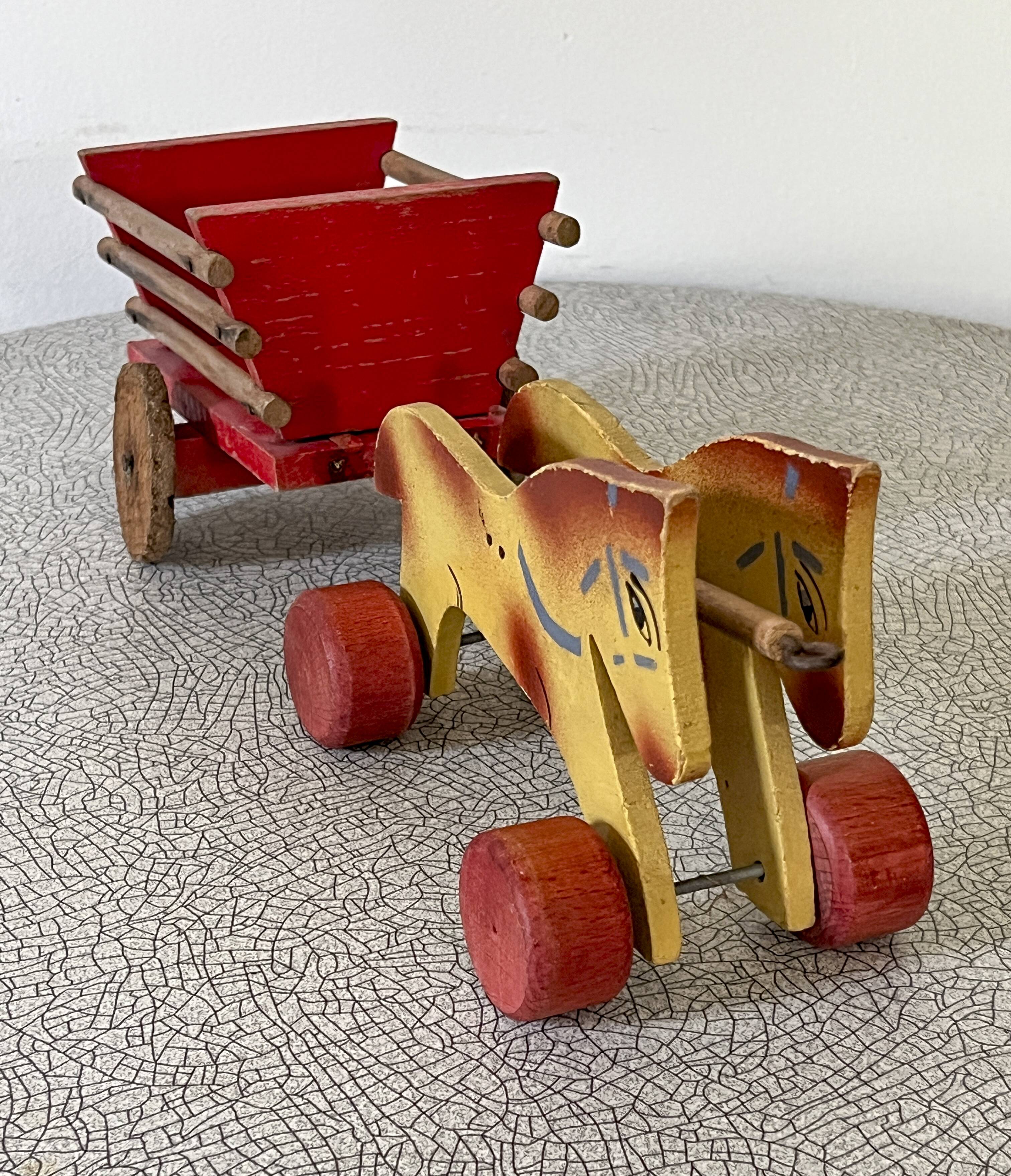 Wooden pull toy, double carriage and cart, antique toy