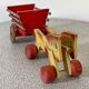 Wooden pull toy, double carriage and cart, antique toy
