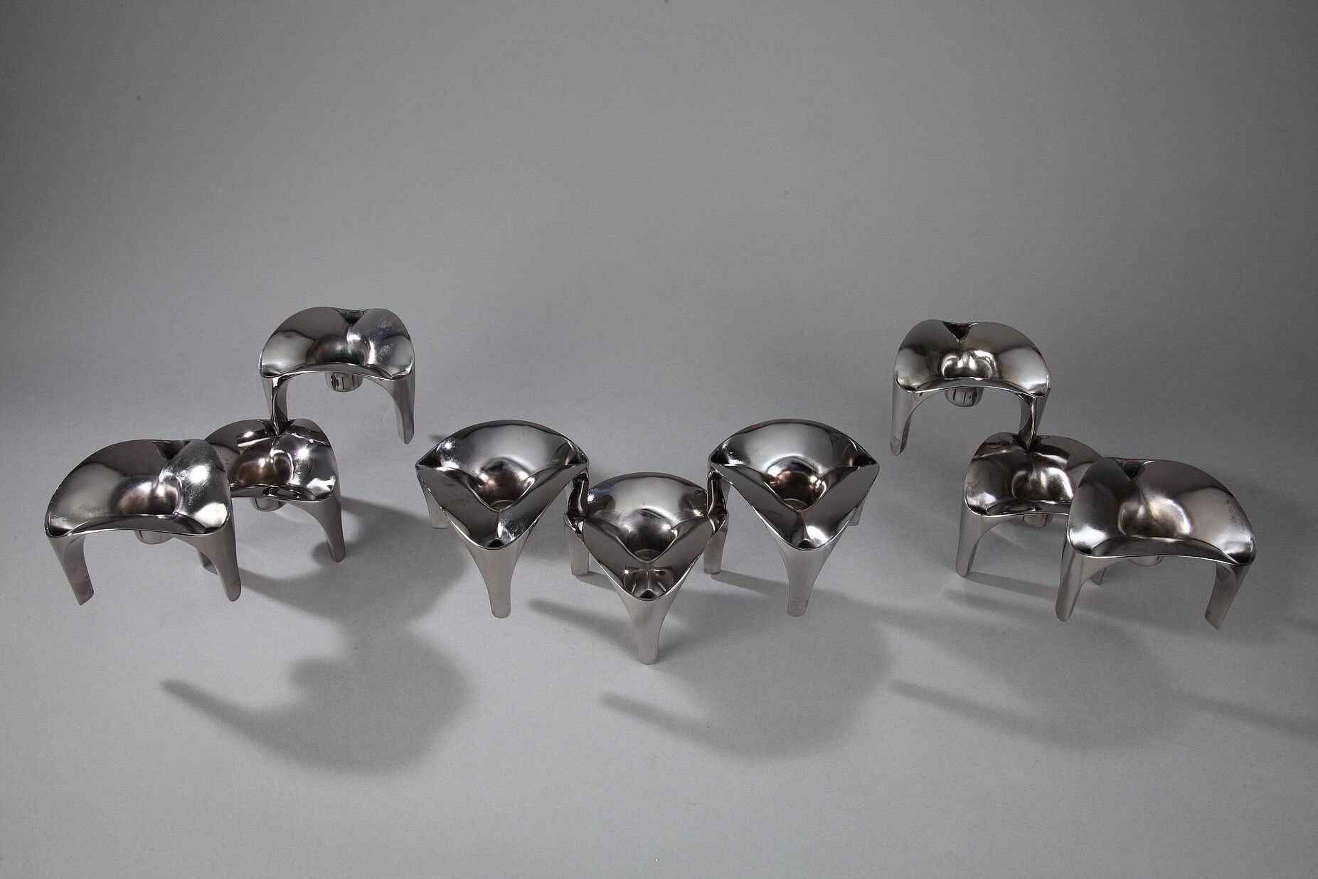 Set of 9 modular candle holders in chromed metal, nagel germany