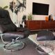 swivel armchair and Mid-Century stool in black leather, Denmark, set of 2