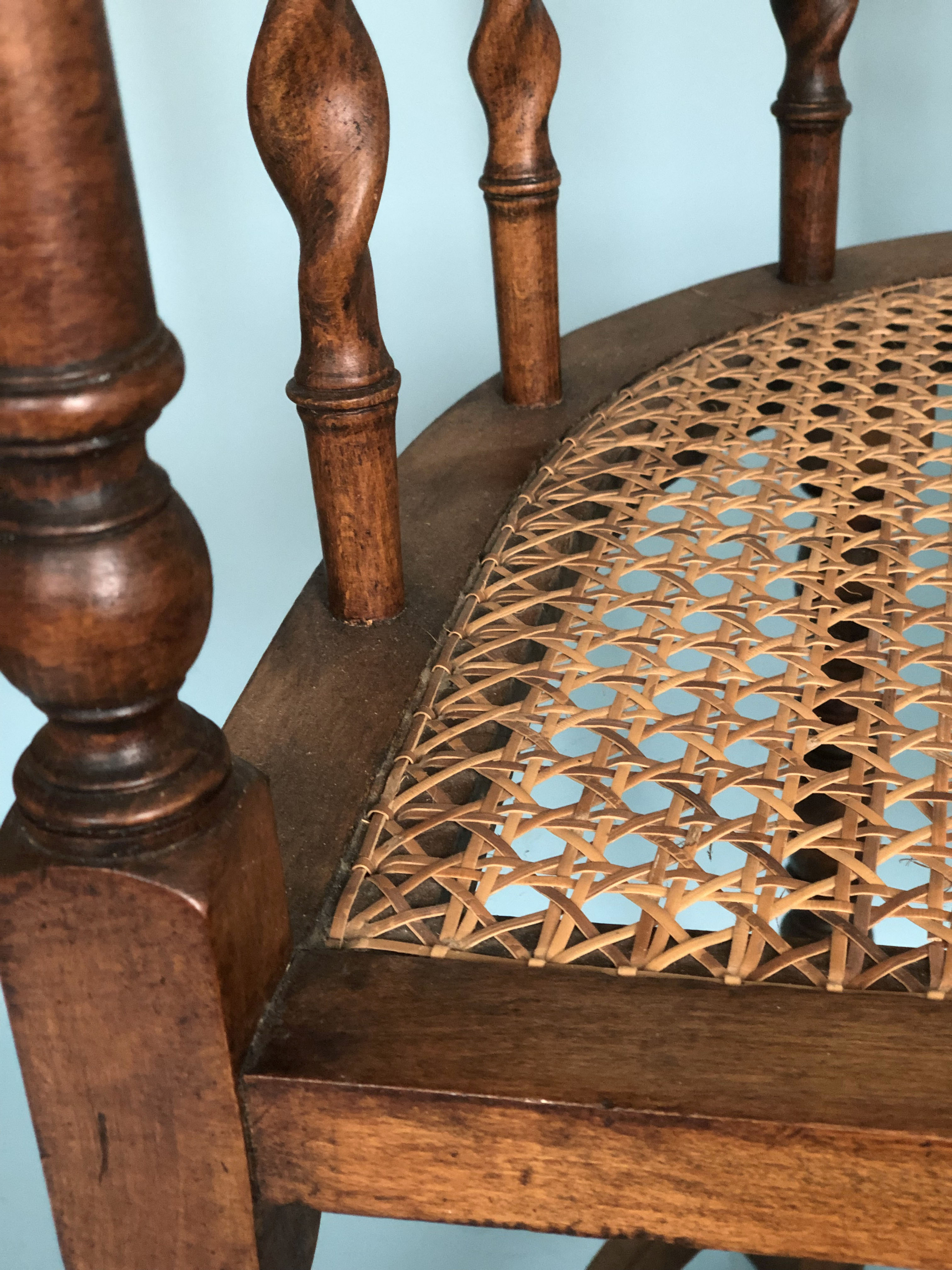 Edwardian barley twist corner chair with cane early 20th century