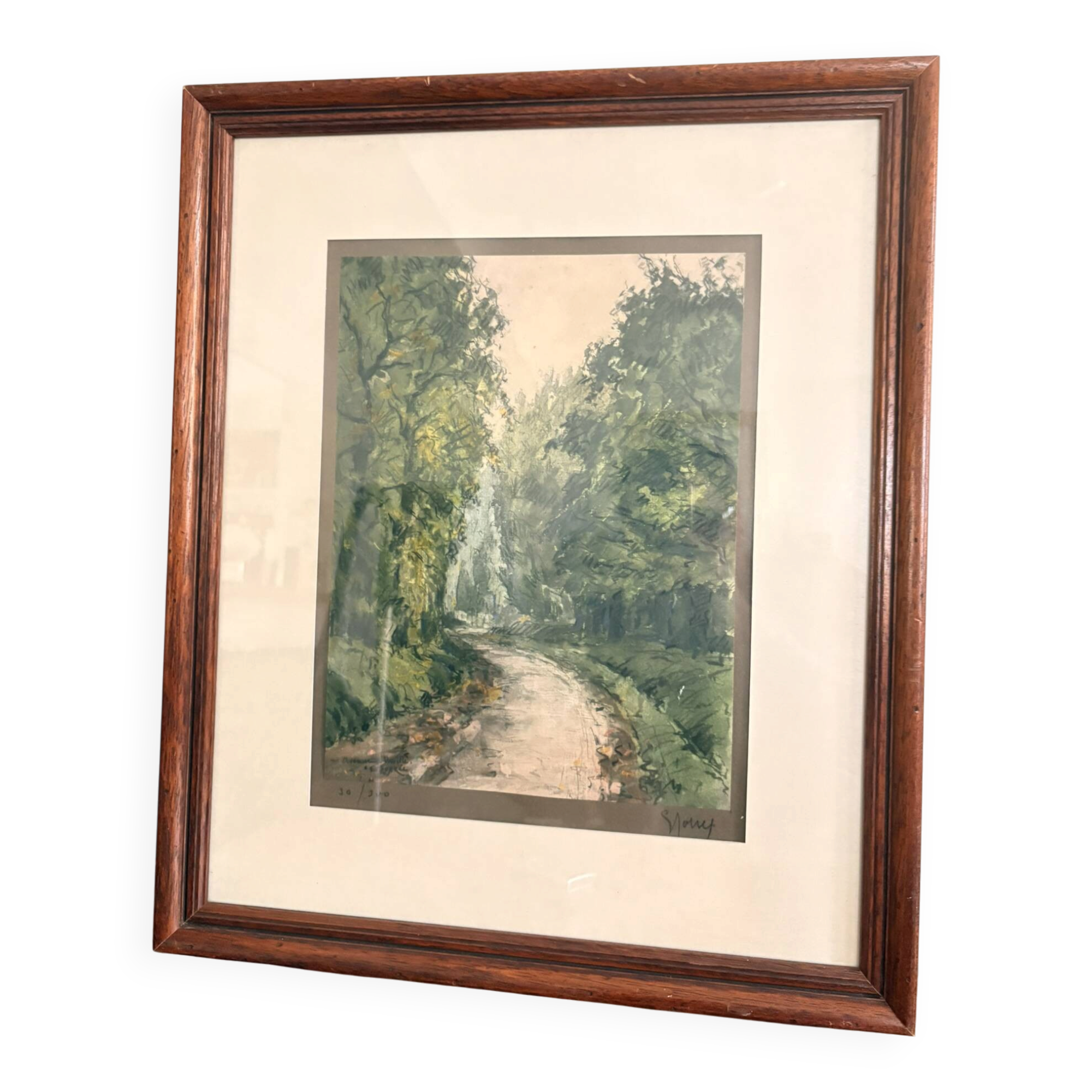 Enhanced Lithographic Engraving Path Under Wood Forest Tree Landscape Gilded