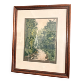 Gravure Lithographie Rehaussée Chemin Sous Bois Forêt Arbre Paysage Dorrée