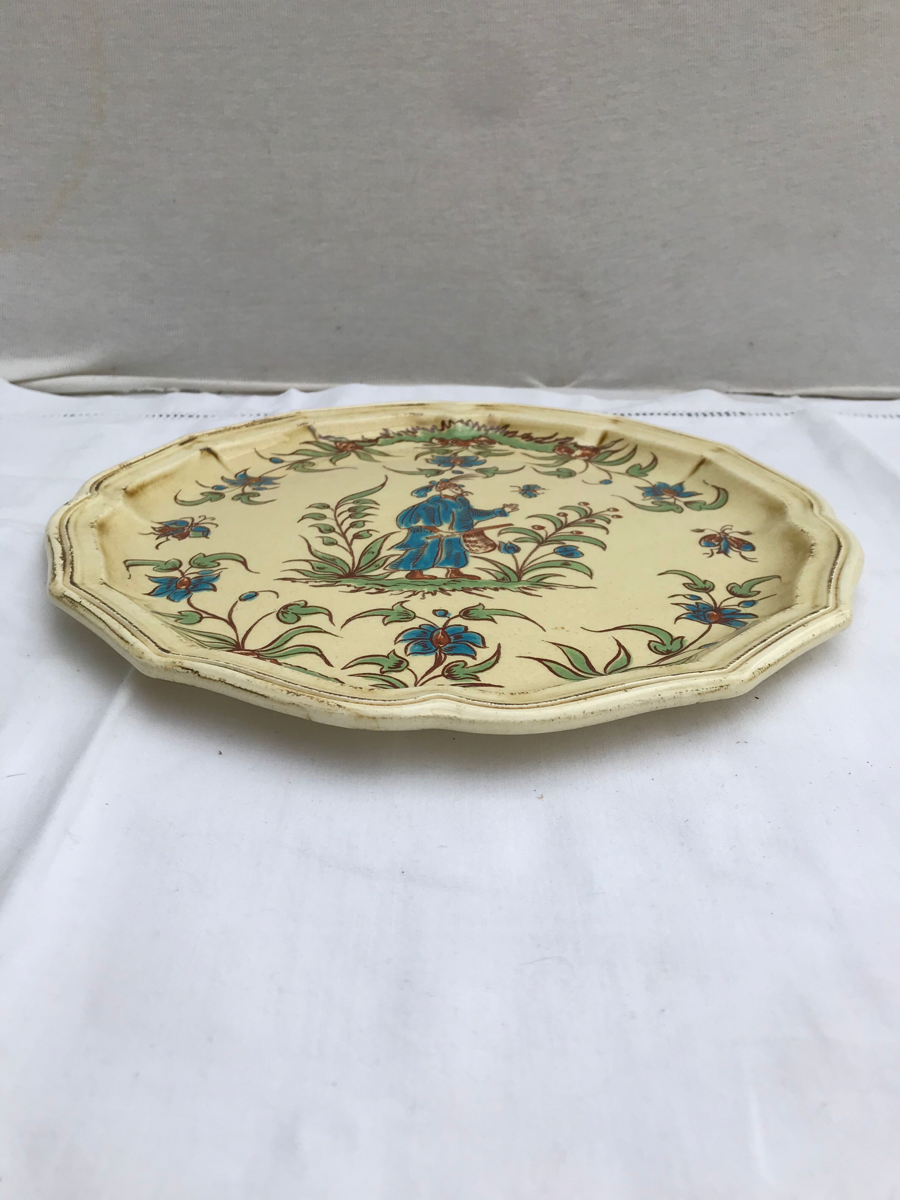 Pair old plate Moustiers Salins ceramics painted france vintage