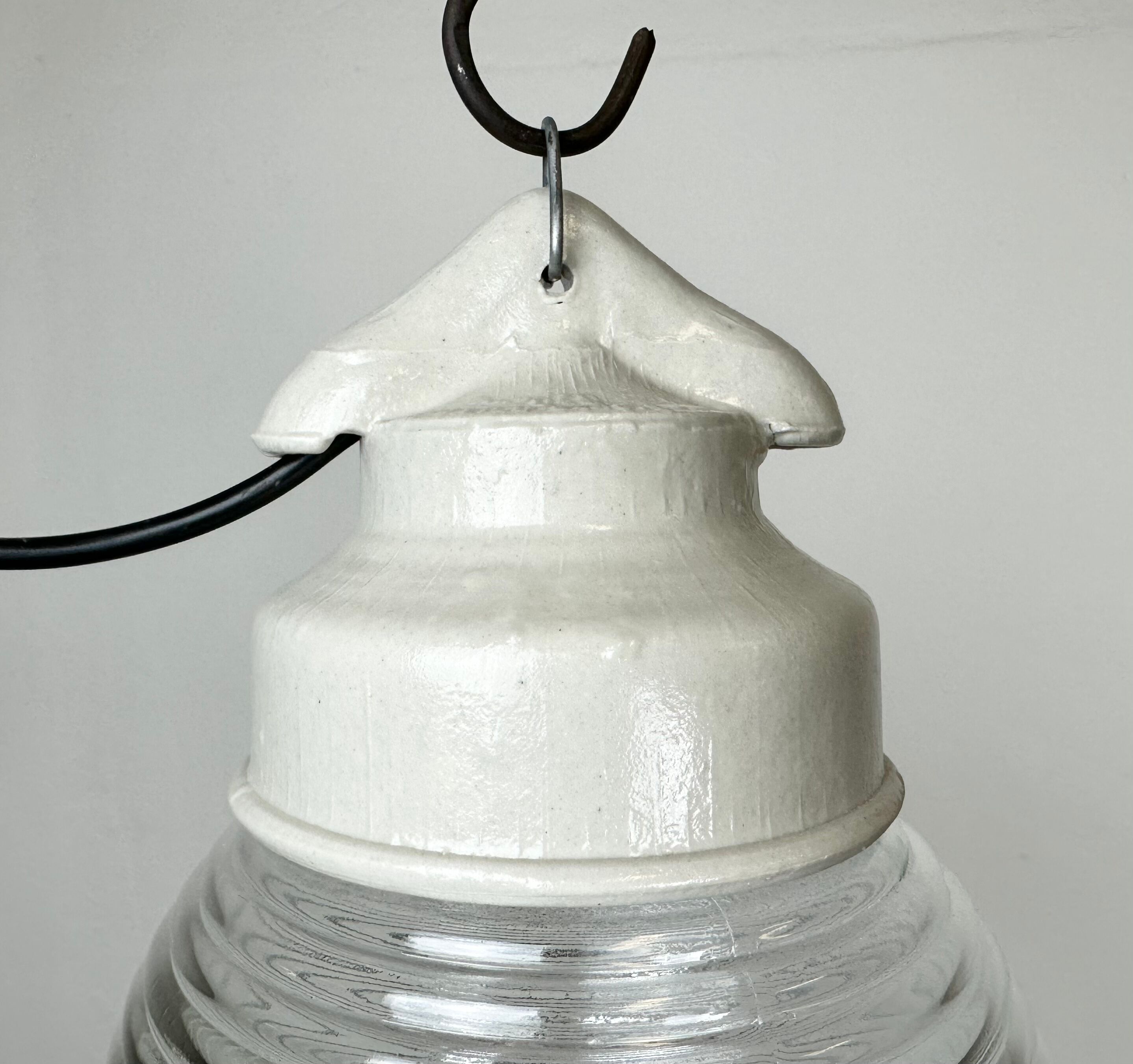 Industrial white porcelain pendant light with ribbed glass, 1970s
