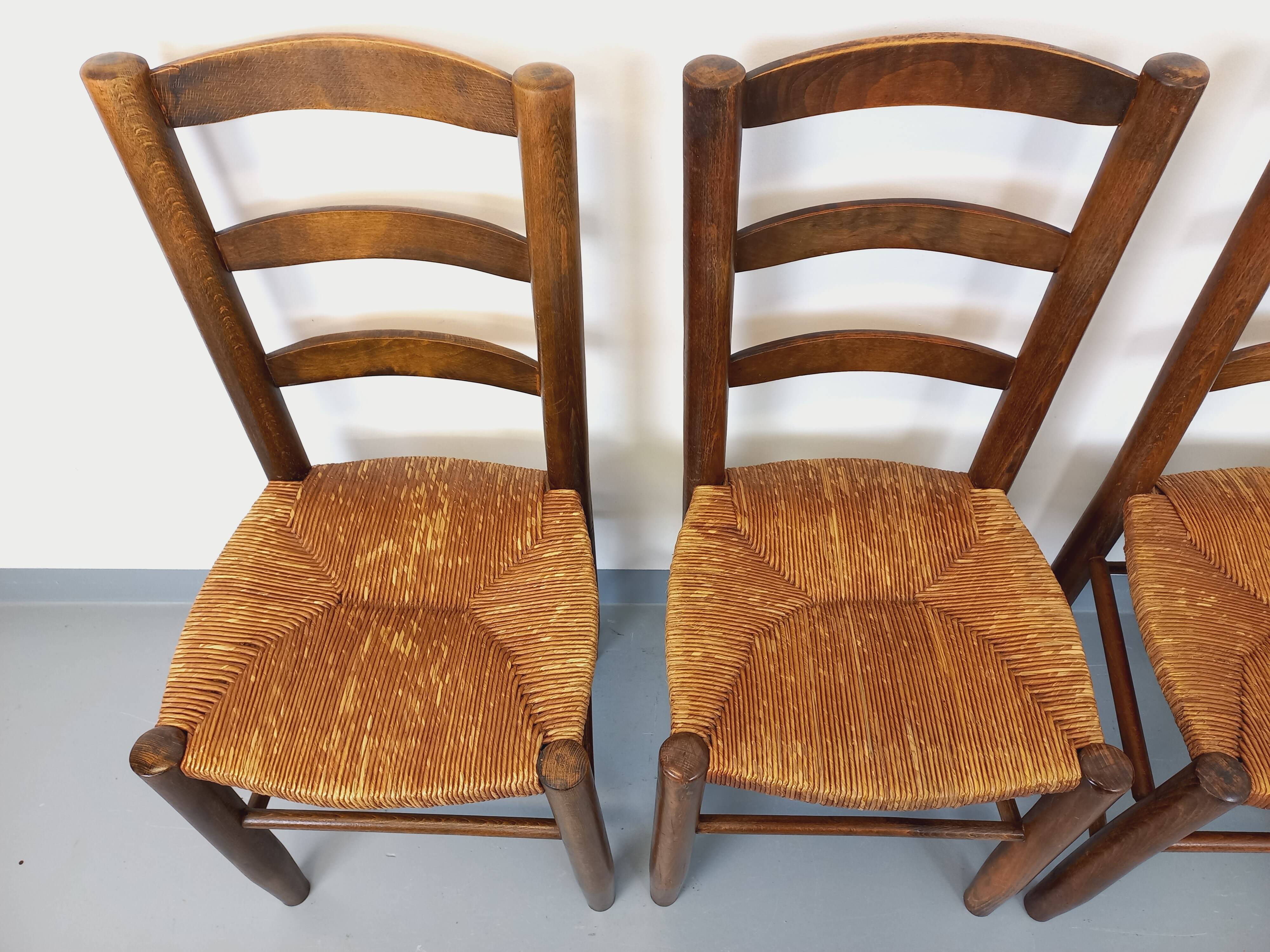Set of 4 vintage brutalist chairs in wood and straw from the 60s
