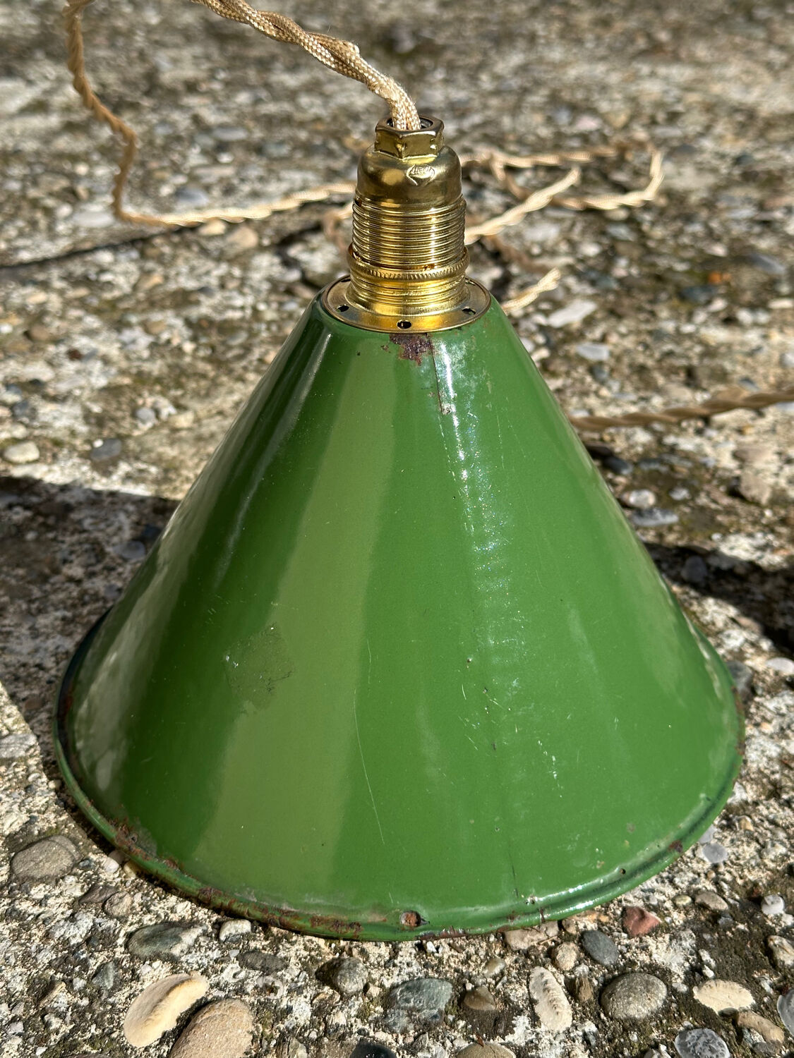 Pair of vintage industrial retro conical enamelled sheet metal pendant lights