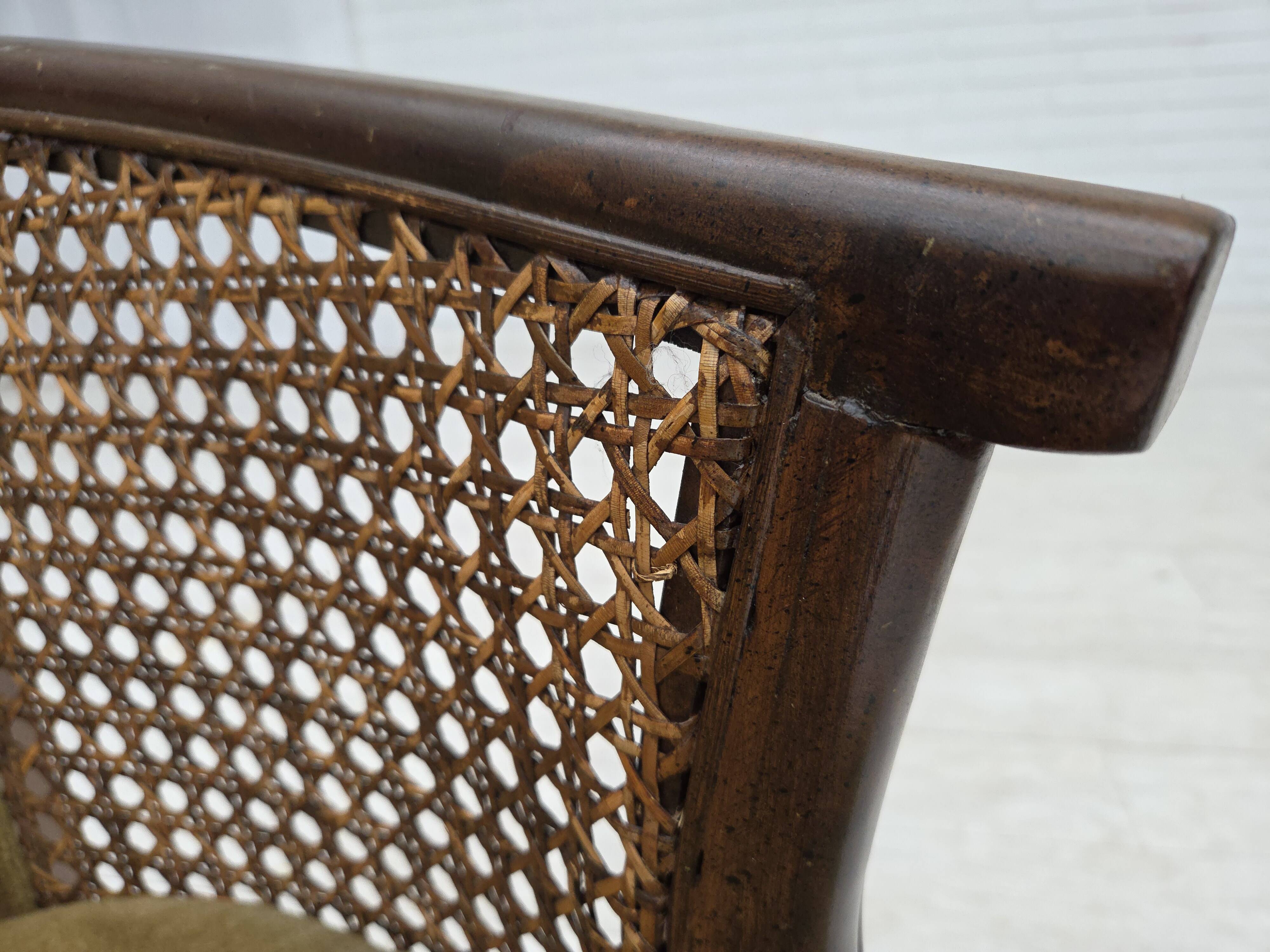 1950s, Danish easy chair, furniture velour, furniture mesh, oak wood.