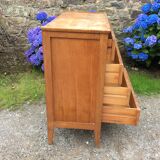 Vintage chest of drawers with compass feet oak-plated façade to restore or repaint.