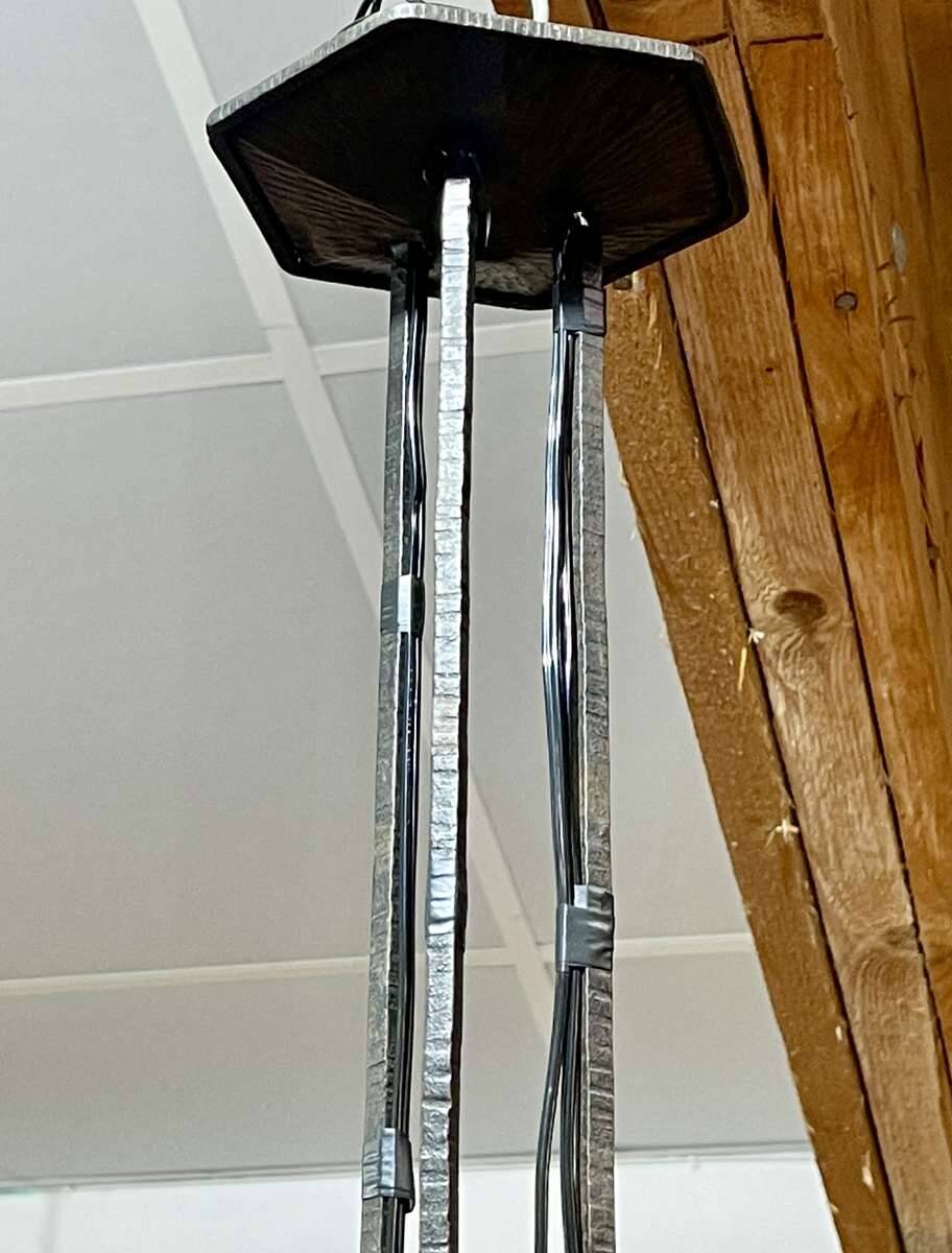 Art Deco chandelier in glass and wrought iron signed Muller Frères Luneville, 3 lights