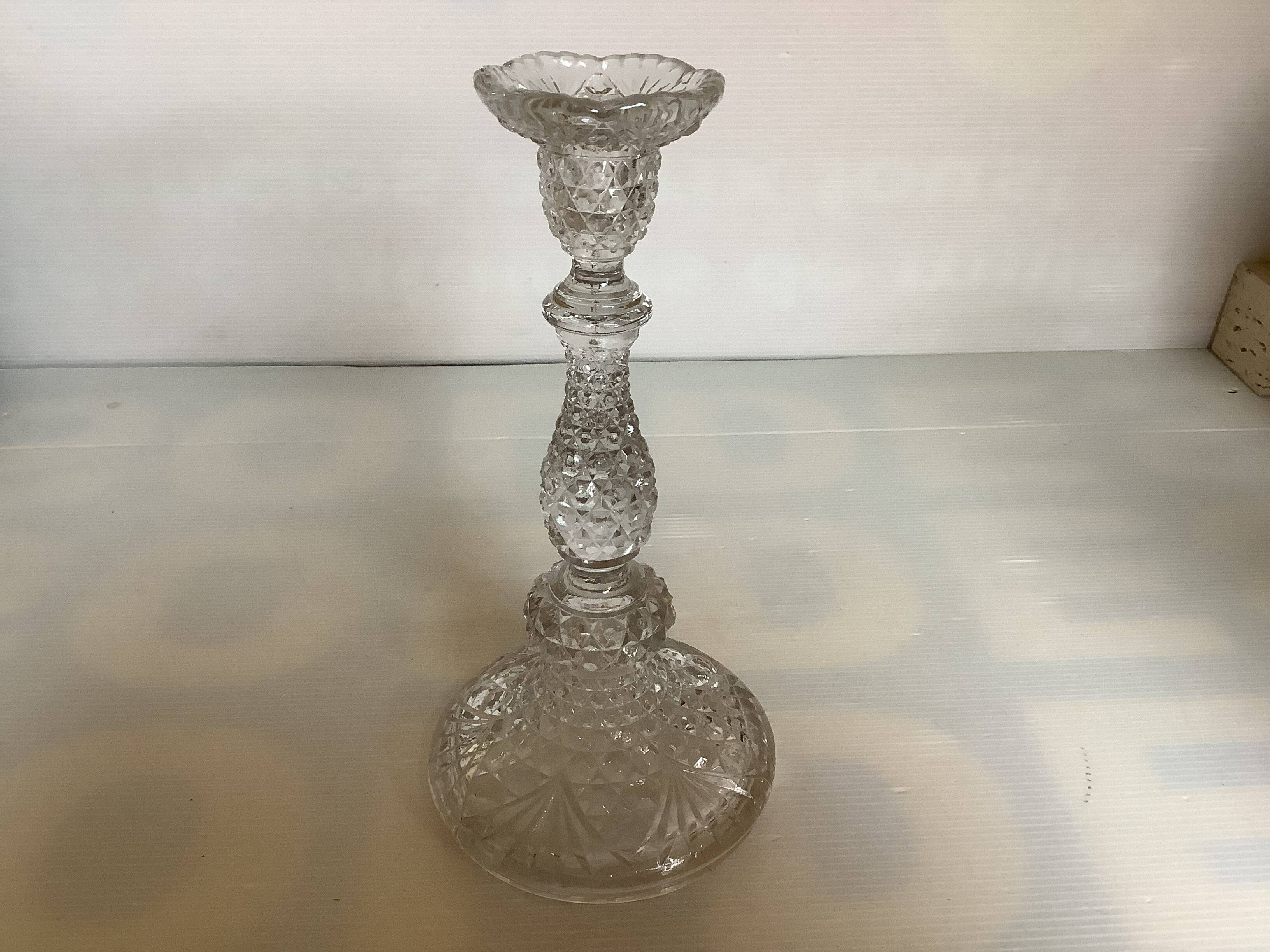 Antique diamond point candle holder, Sailmont glassworks