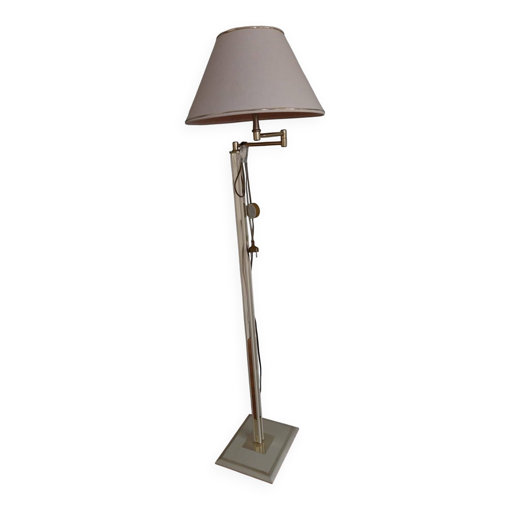 Vintage floor lamp with beige fabric shade and gold legs