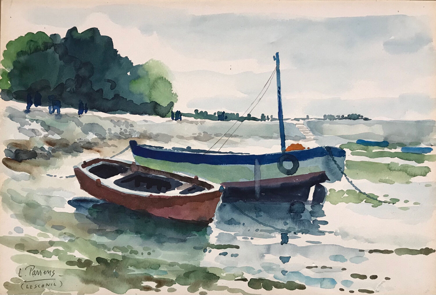 Watercolor Louis PARRENS 1904-1993.Lesconil