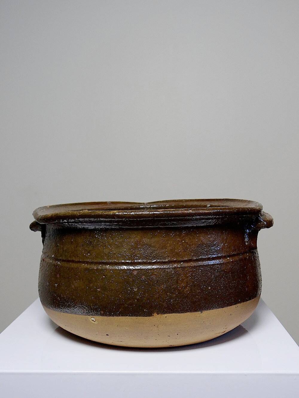 Antique 20th century enamelled Puisaye stoneware pot/bowl with ears