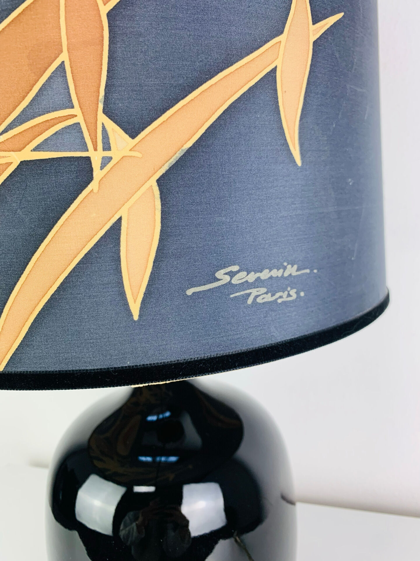 "Fig" lamp, black ceramic and silk shade, 1960s.