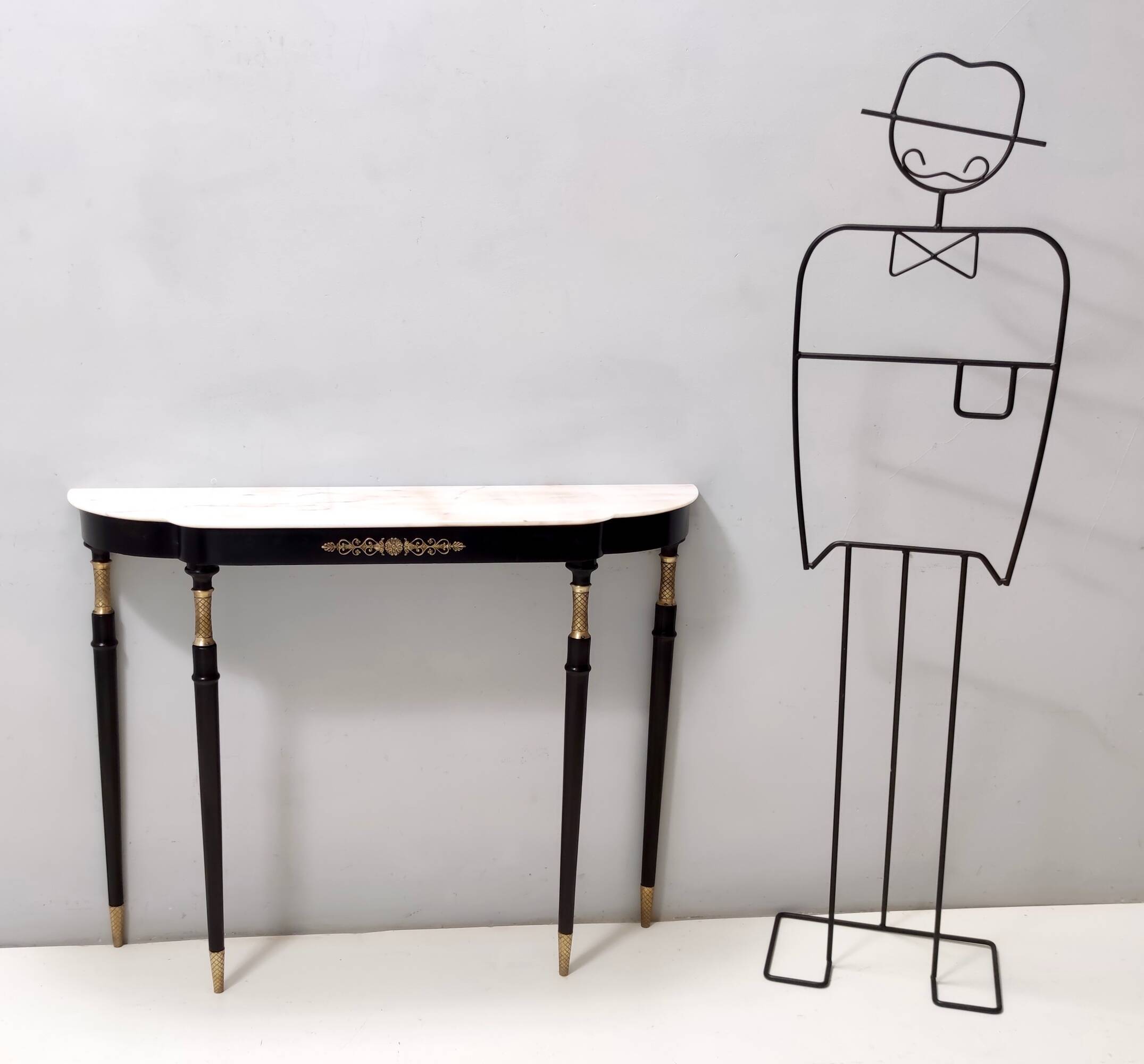 Vintage black lacquered beech console with a portuguese pink marble top, italy