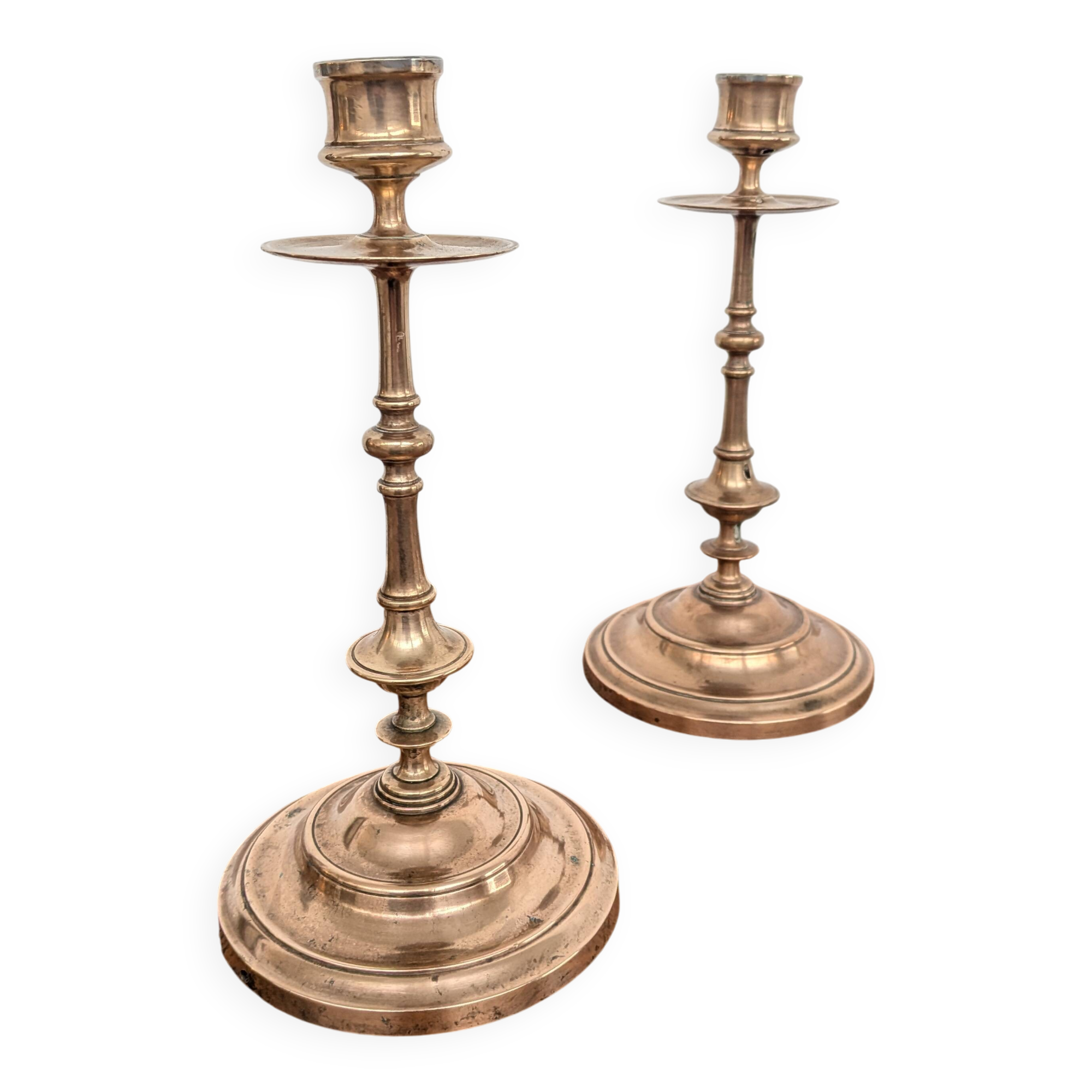 Pair of antique turned rose brass candlesticks (24 cm)