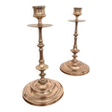 Pair of antique turned rose brass candlesticks (24 cm)