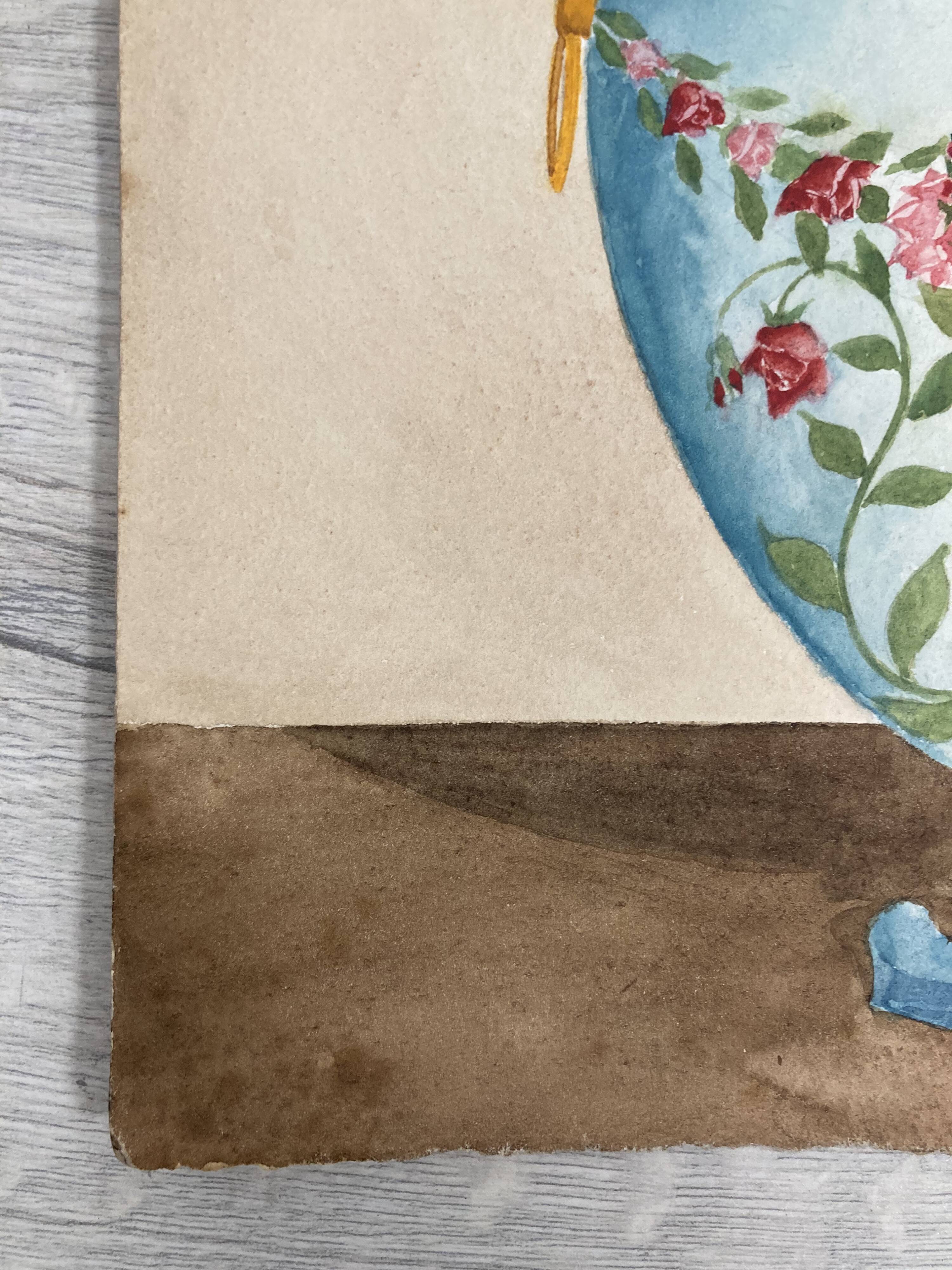 Vintage watercolor with roses in earthenware vase with angel