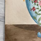 Vintage watercolor with roses in earthenware vase with angel