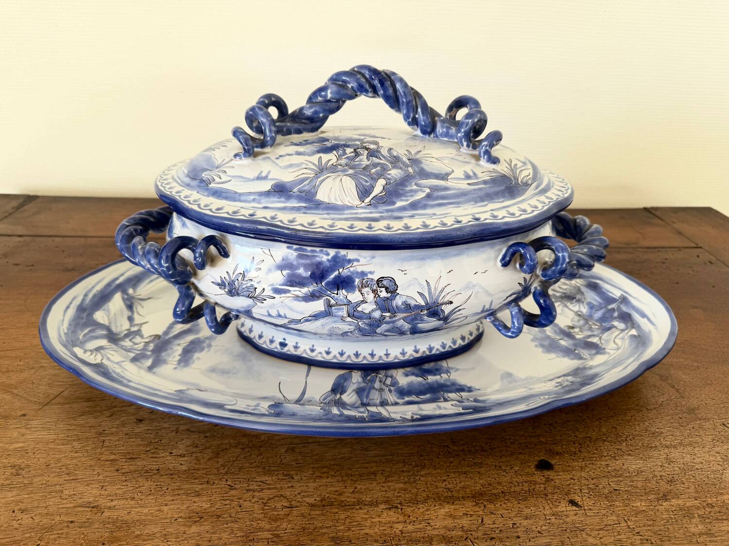 Antique blue faience soup tureen with stand.