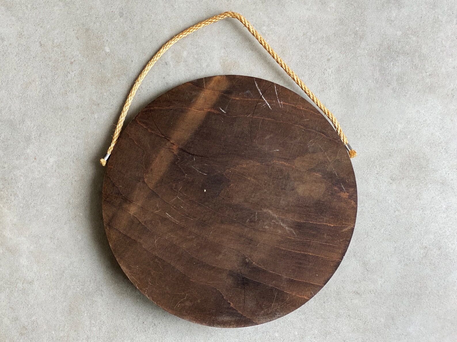 Vintage round wooden wall mirror with hooks