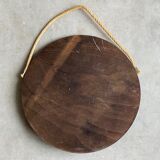 Vintage round wooden wall mirror with hooks