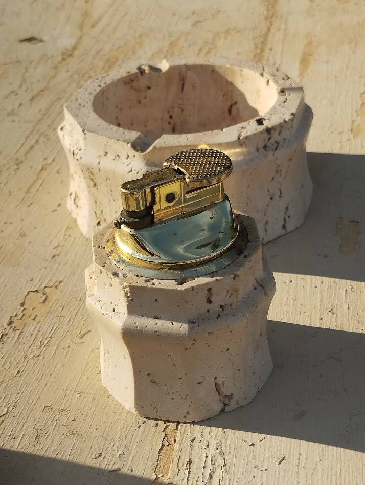 Vintage Ashtray & Lighter Duo in Travertine – Italy, 1970