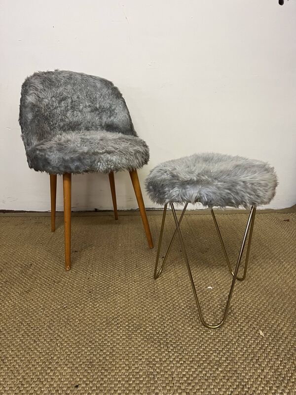 Fauteuil et tabouret moumoute vintage