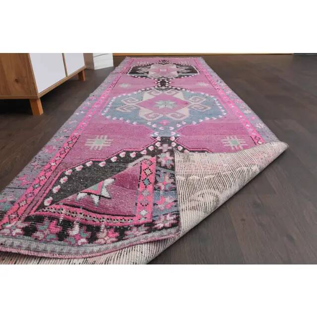 1970s Turkish Hand-Knotted Wool Cotton Purple Runner Rug 102x373