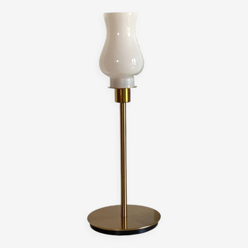 Lampe de table à poser avec abat-jour tulipe ancien en verre blanc pied doré