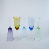 Set of 5 multicolored colored glass flutes 1970