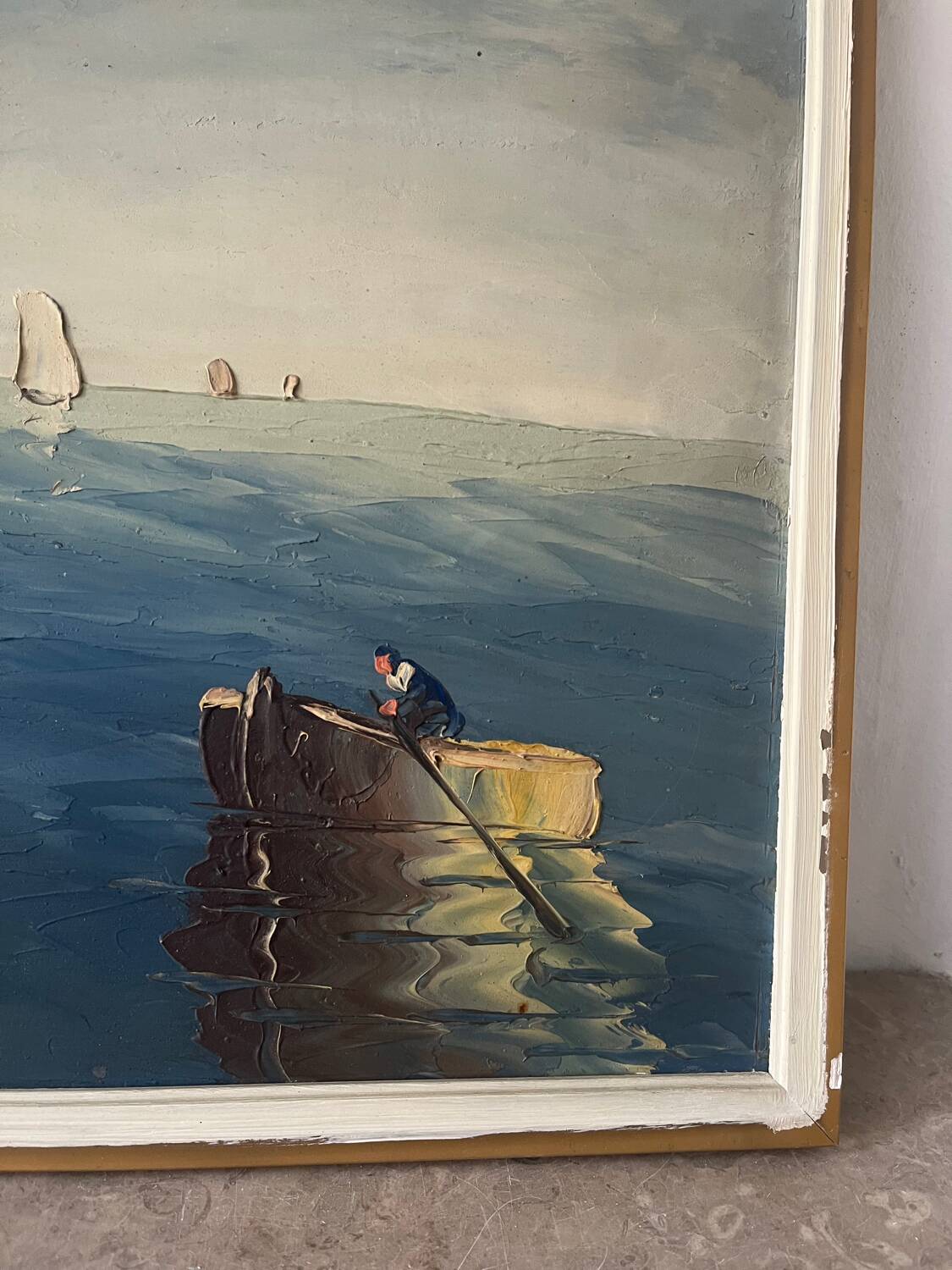 Marine, "Red Sail" technique with knife on panel signed Riccy.