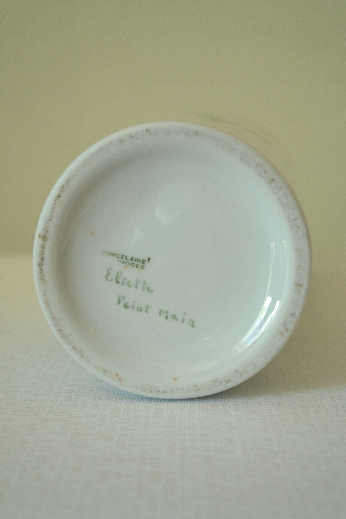 Tubular vase Limoges porcelain bucolic decoration hand painted signed